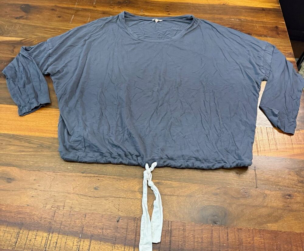 Eberjey Women's Gray Knit Round Neck 3/4 Sleeve Tie Hem Blouse Size XL